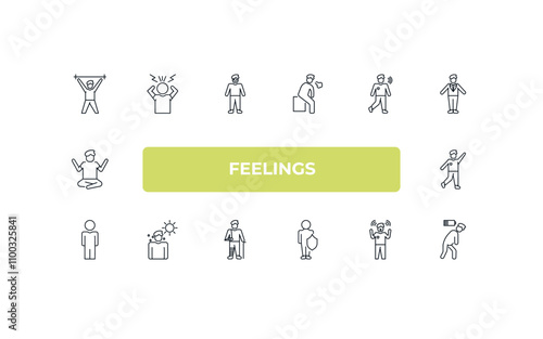 fully editable outline icon collection from feelings concept. thin line icons set such as pumped human, stressed human, blah human, amazed exhausted