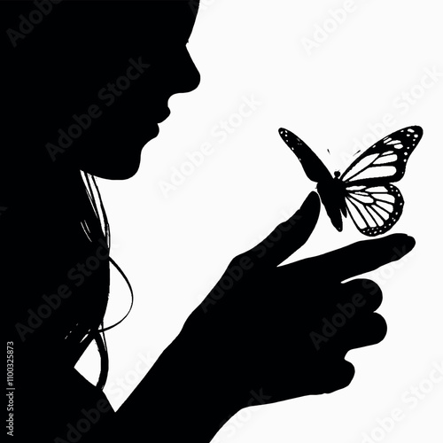 A woman holding a butterfly in her hand. The butterfly is on the woman's finger. The woman is wearing a black dress