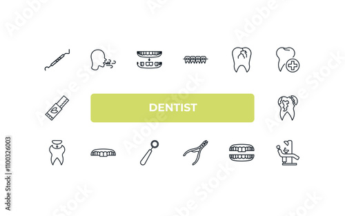 fully editable outline icon collection from dentist concept. thin line icons set such as periodontal scaler, breath, broken tooth, denture, dental chair,