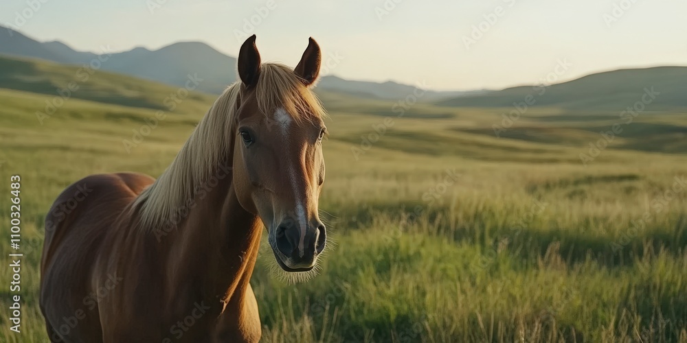 Obraz premium Chestnut Horse in Serene Mountain Pasture