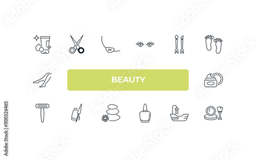 fully editable outline icon collection from beauty concept. thin line icons set such as face cleanser, manicure scissors, inclined makeup brush, hair washer sink, make up,