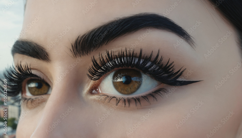 Fototapeta premium Large female eye with black eyelashes gazing at the urban landscape