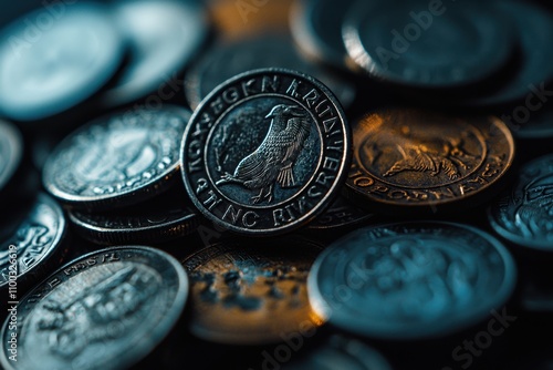 A pile of coins with one of them having the word 