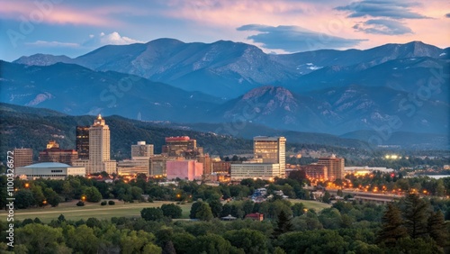 Downtown Colorado Springs Skyline at Dusk With Mountains in the Background. Generative AI