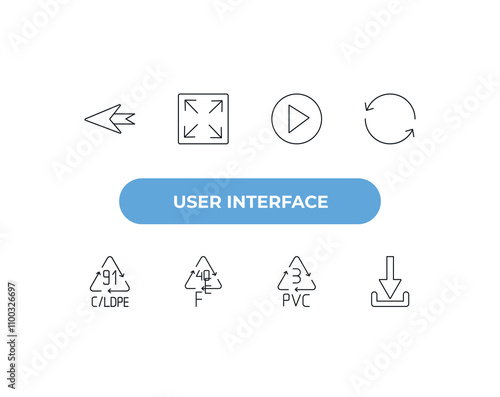 fully editable outline icon collection from user interface concept. thin line icons set such as left reverse curve, expand button, video play, 3 pvc, download arrow,
