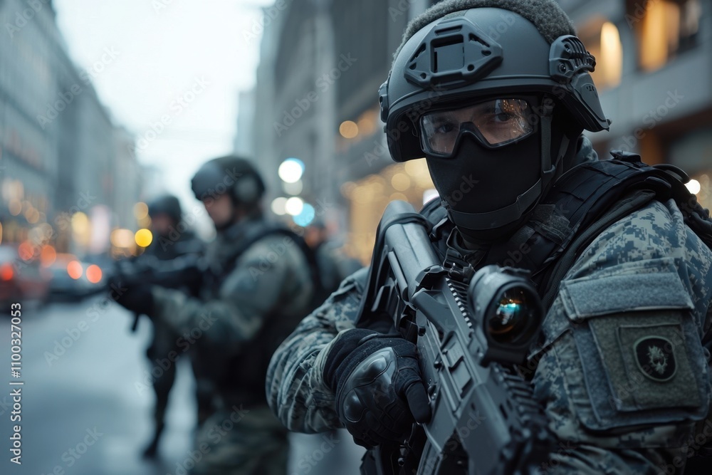 Obraz premium A man in a military uniform is holding a gun and standing on a street