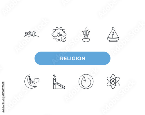 fully editable outline icon collection from religion concept. thin line icons set such as calvary, halal, incense burner, asceticism, atheism,