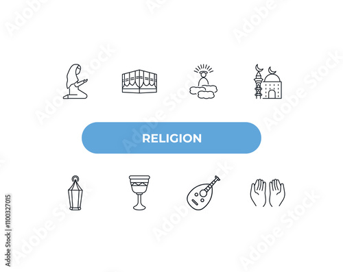 fully editable outline icon collection from religion concept. thin line icons set such as muslim woman praying, kaaba, god, oud, muslim praying hands,