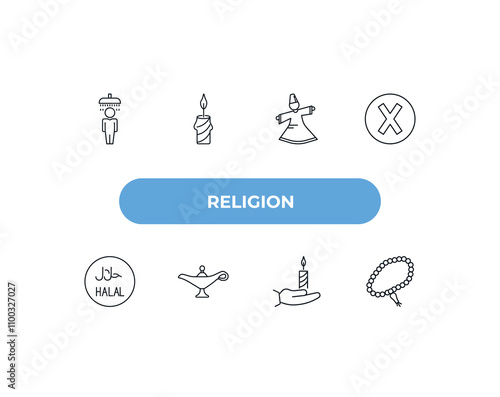fully editable outline icon collection from religion concept. thin line icons set such as islamic ghusl, candle, sufi mystic, vigil, prayer beads,