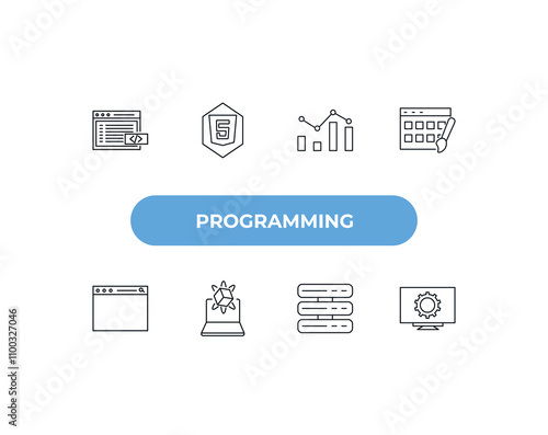 fully editable outline icon collection from programming concept. thin line icons set such as code listing, html5, seo ranking, server, software,
