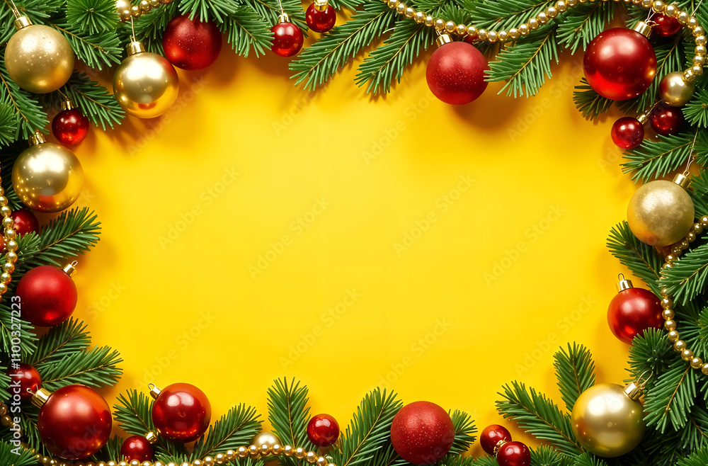 rectangular frame made of fir branches and Christmas toys and spaces