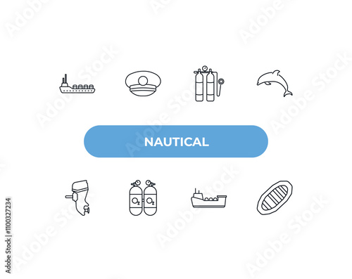 fully editable outline icon collection from nautical concept. thin line icons set such as ocean waves, captain hat, aqualung, speed boat, roofless speed boat,
