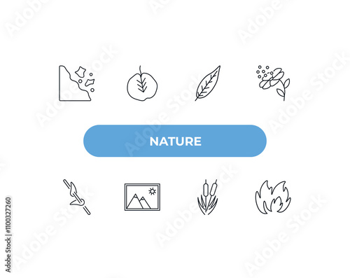 fully editable outline icon collection from nature concept. thin line icons set such as falling debris, cercis leaf, lanceolate, reed bed, burning flames,