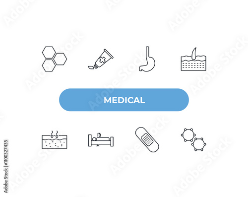 fully editable outline icon collection from medical concept. thin line icons set such as three hexagons cell, ointment, esophagus, sticking plaster, molecular structure,