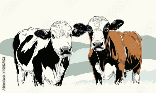 Minimalist Alpine Cows Vector Illustration in Hand Drawn Engraving Style