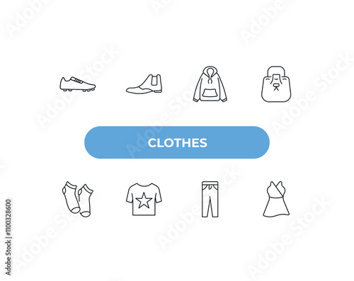 fully editable outline icon collection from clothes concept. thin line icons set such as soccer shoe, leather chelsea boots, hooded jacket, slim fit pants, jersey wrap dress,