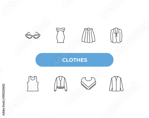 fully editable outline icon collection from clothes concept. thin line icons set such as cat eye glasses, off the shoulder dress, circle skirt, shawl, nylon jacket,
