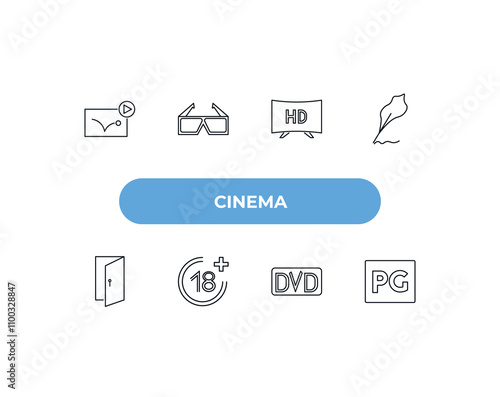 fully editable outline icon collection from cinema concept. thin line icons set such as animation, 3d glass, 1080p hd tv, dvd, parental guidance,