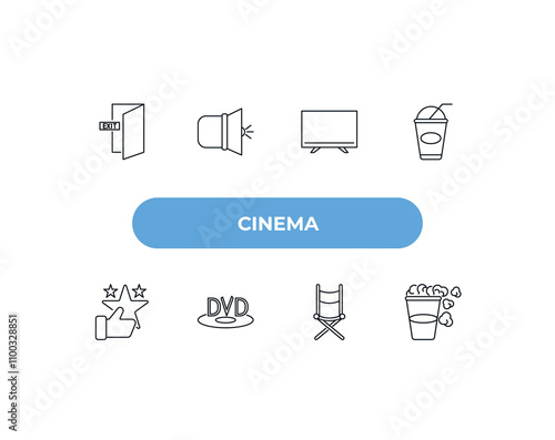 fully editable outline icon collection from cinema concept. thin line icons set such as cinema exit, cinema light source, flat tv, film director, popcorn box,