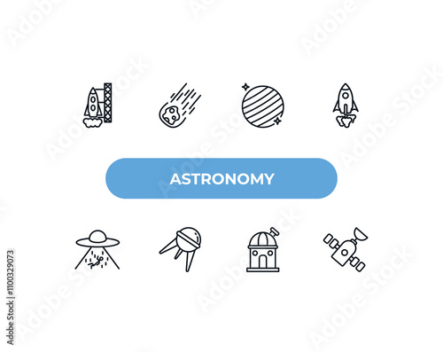 fully editable outline icon collection from astronomy concept. thin line icons set such as spaceport, meteorite falling, uranus with satellite, observatory, inclined satellite,