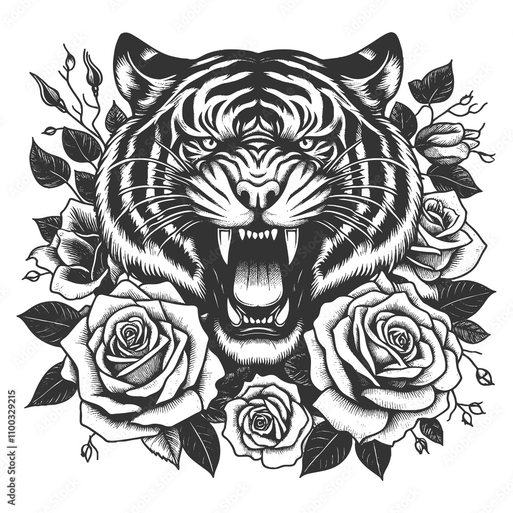 Obraz premium roaring tiger surrounded by blooming roses, tattoo. Fierce wildlife with delicate floral elements sketch engraving generative ai raster illustration. Scratch board imitation. Black and white image.