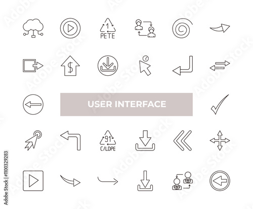 fully editable outline icon collection from user interface concept. thin line icons set such as cloud with connection, press play button, export arrow, job transition, go back button,