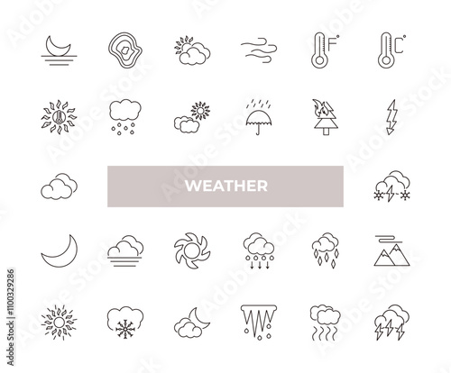 fully editable outline icon collection from weather concept. thin line icons set such as moonrise, isobars, summer, smog, stormy,