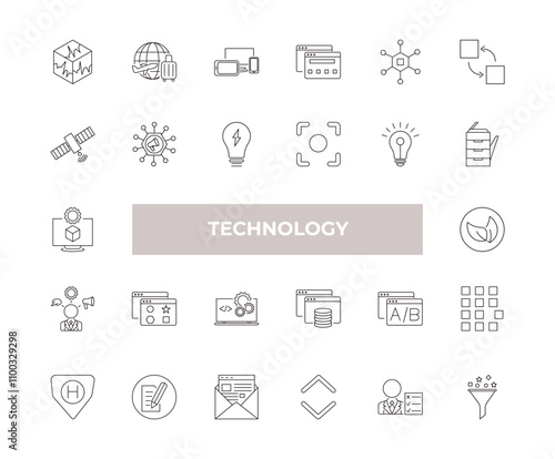 fully editable outline icon collection from technology concept. thin line icons set such as virtual box, touristic, satellite connection, project manager, content curation,