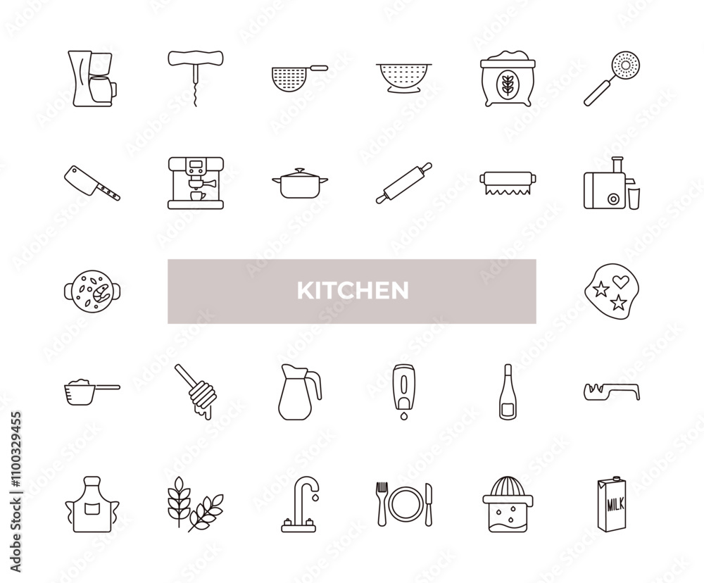 fully editable outline icon collection from kitchen concept. thin line icons set such as coffee maker, corkscrew, cleaver, squeezer, milk, fully editable outline icon collection from kitchen concept. thin line icons set such as coffee maker, corkscrew, cleaver, squeezer, milk,