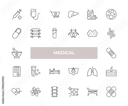 fully editable outline icon collection from medical concept. thin line icons set such as syringe with medicine, perfusion, pill, hospital bed side view, plastering,