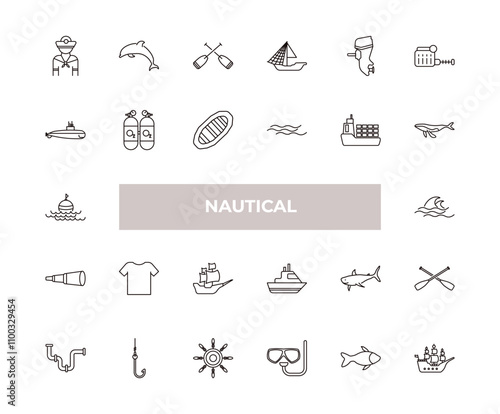 fully editable outline icon collection from nautical concept. thin line icons set such as rubber raft, submarine, yatch, double bait, trireme,