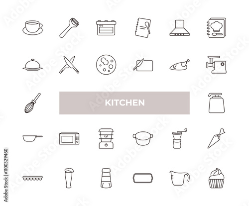 fully editable outline icon collection from kitchen concept. thin line icons set such as tea cup, peeler, platter, measuring cup, cupcake,