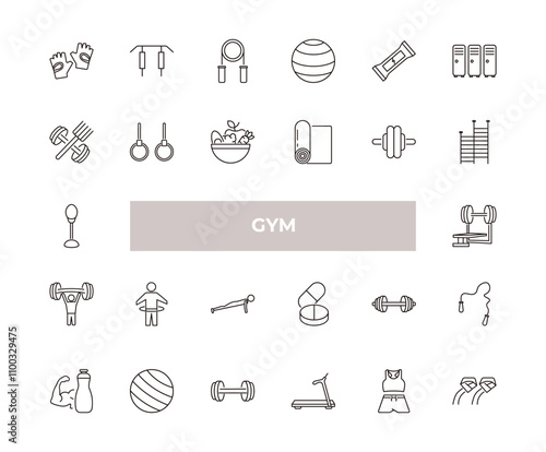 fully editable outline icon collection from gym concept. thin line icons set such as fitness gloves, horizontal bar, fitness food, female sportwear, athletic strap,