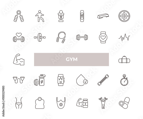 fully editable outline icon collection from gym concept. thin line icons set such as grip, stretching leg exercise, fitness, dumbbells exercise, press simulator,