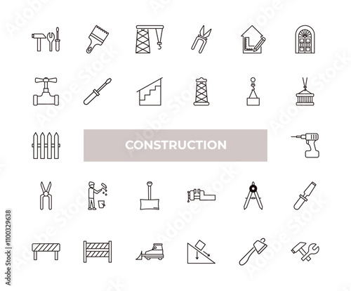 fully editable outline icon collection from construction concept. thin line icons set such as three tools, sand brush, stopcock, inclined ax, constructions,