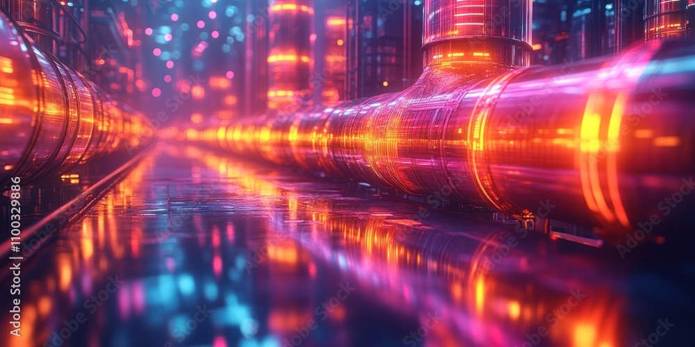 Obraz premium Glowing futuristic pipeline reflecting neon lights.