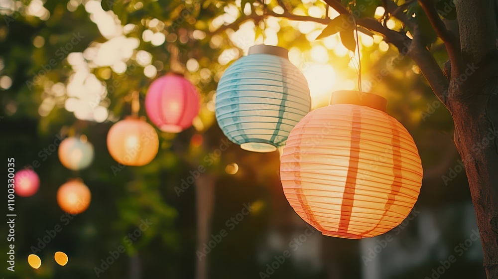Obraz premium colorful glowing paper lanterns hanging in a garden