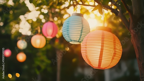 colorful glowing paper lanterns hanging in a garden photo