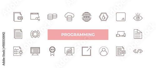 fully editable outline icon collection from programming concept. thin line icons set such as css file format, sharing, article, jsx, coding,