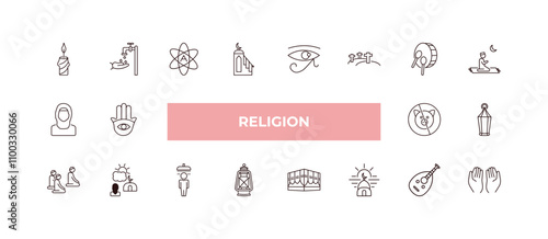 fully editable outline icon collection from religion concept. thin line icons set such as candle, islamic wudu, hijab, oud, muslim praying hands,