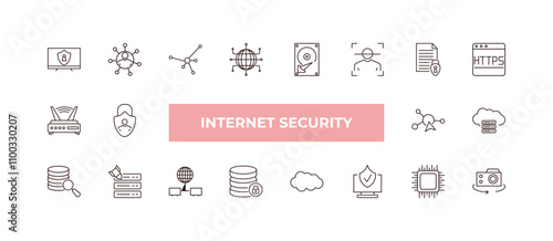 fully editable outline icon collection from internet security concept. thin line icons set such as monitor security, networking, router, processor, rotate camera,