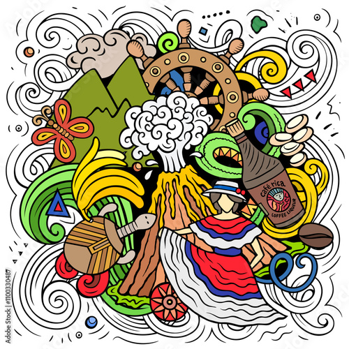 Vector doodle illustration with Costa Rica theme. Funny design, capturing the essence of Central America culture and traditions through playful cartoon symbols