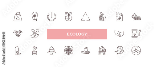 fully editable outline icon collection from ecology concept. thin line icons set such as recycled bag, eco light, two flowers, save the earth, nuclear energy,