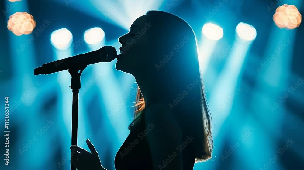 Silhouette of a female singer performing on stage with dramatic blue ...