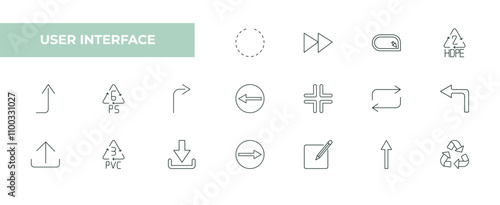 fully editable outline icon collection from user interface concept. thin line icons set such as selectioned circle, forward button, corner widget, pointing up arrow, recycle,