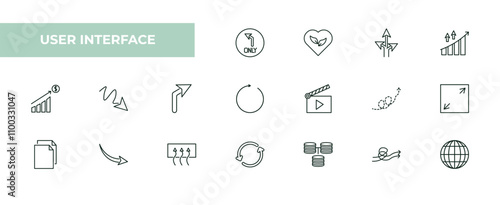 fully editable outline icon collection from user interface concept. thin line icons set such as turn left only, ecologic heart, detour, sketch loop arrow, worldgrid,