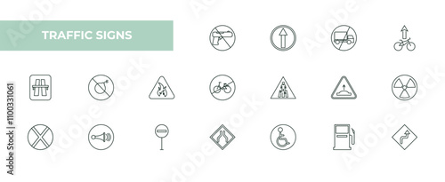 fully editable outline icon collection from traffic signs concept. thin line icons set such as no weapons, ahead only, no trucks, gas station, curves,