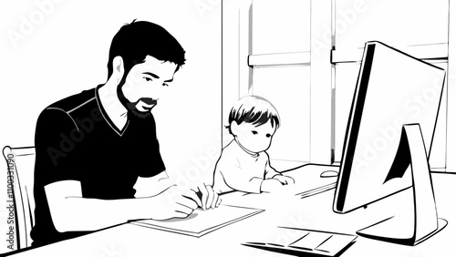 Black and white illustration of a father and child working at a desk with a computer, family concept, copy space