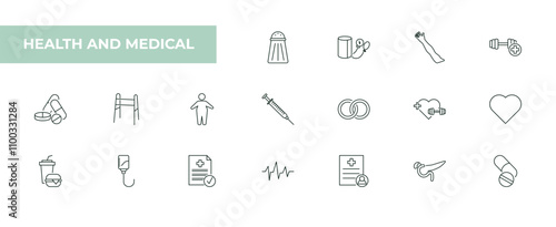 fully editable outline icon collection from health and medical concept. thin line icons set such as salt, blood pressure gauge, arm, pancreas, pills,