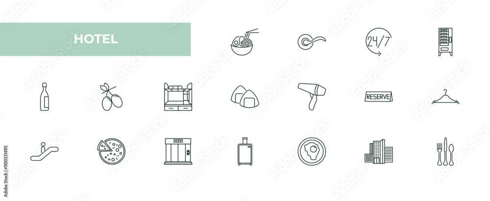 Fototapeta premium fully editable outline icon collection from hotel concept. thin line icons set such as ramen, doorknob, 24 service, hotel, eating utensils,